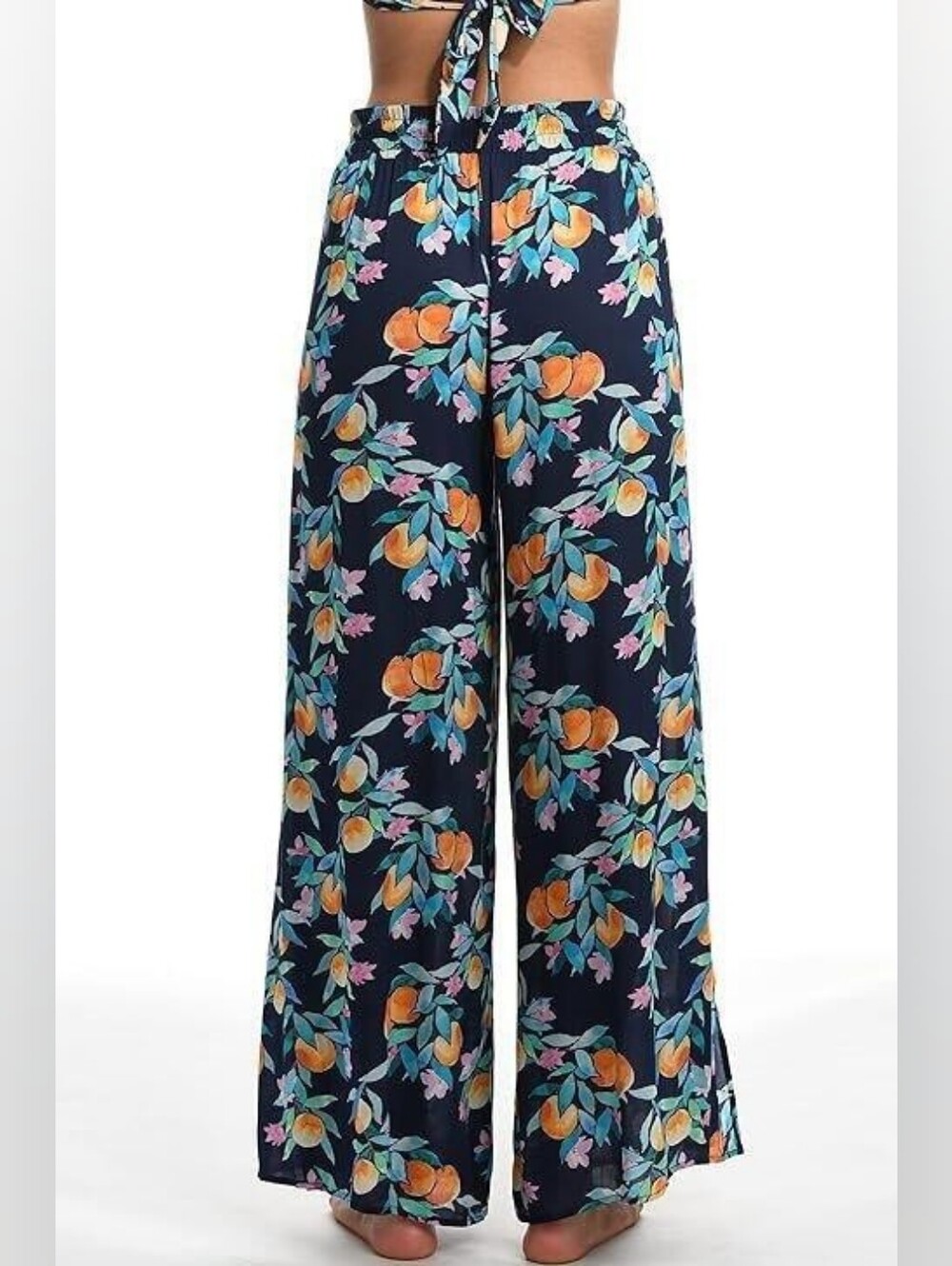 Sunshine 79 Floral Wide-Leg Navy Orange Beach Pants with Slits - Size: L - NWT - Picture 4 of 5